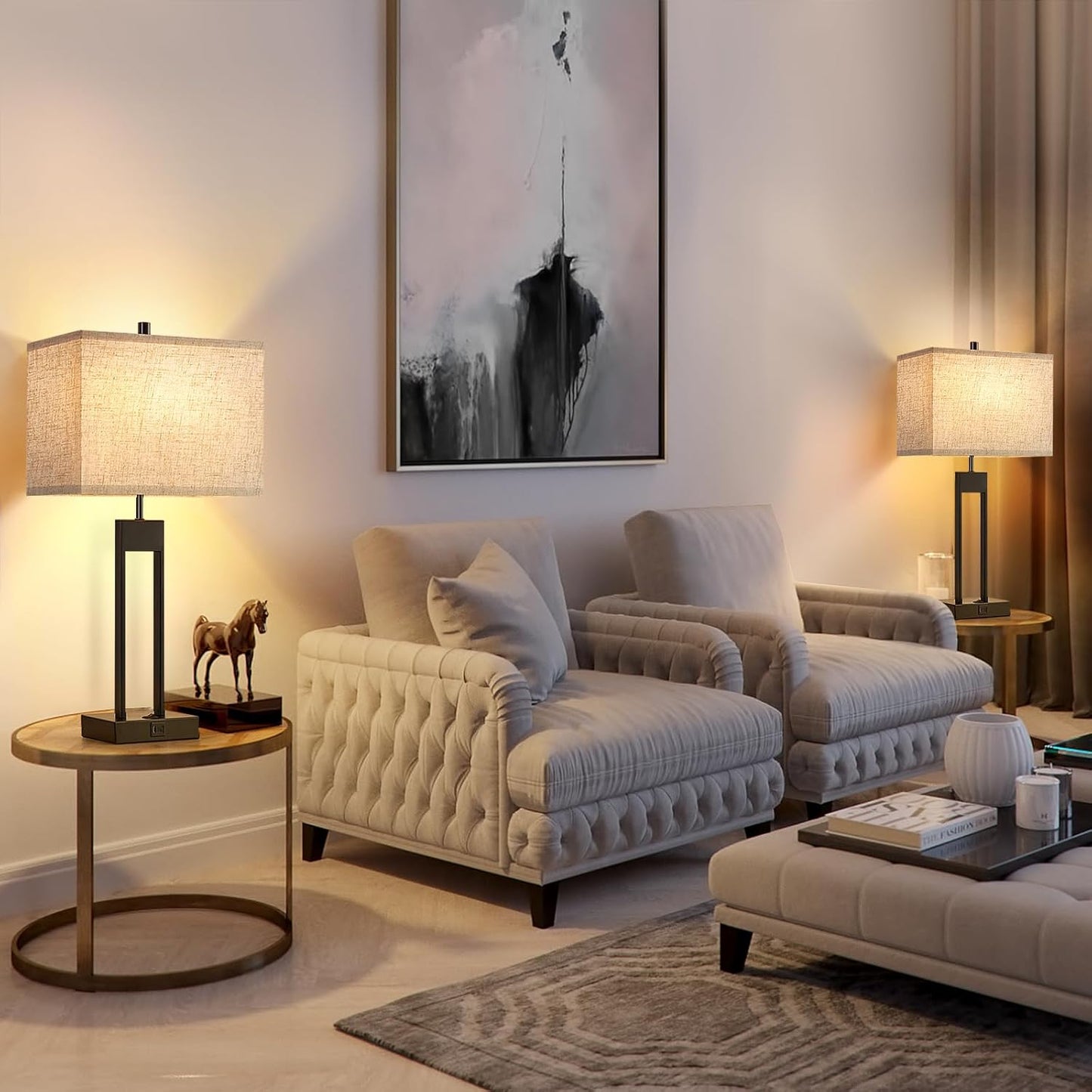 25.5’’ Nightstand Table Lamps for Bedrooms Set of 2, Bedside Lamp with USB C+A, 3 Colors Changeable Living Room Lamps for End Tables, Modern Night Stand Lamps for Bed Side Guest Room Office Reading