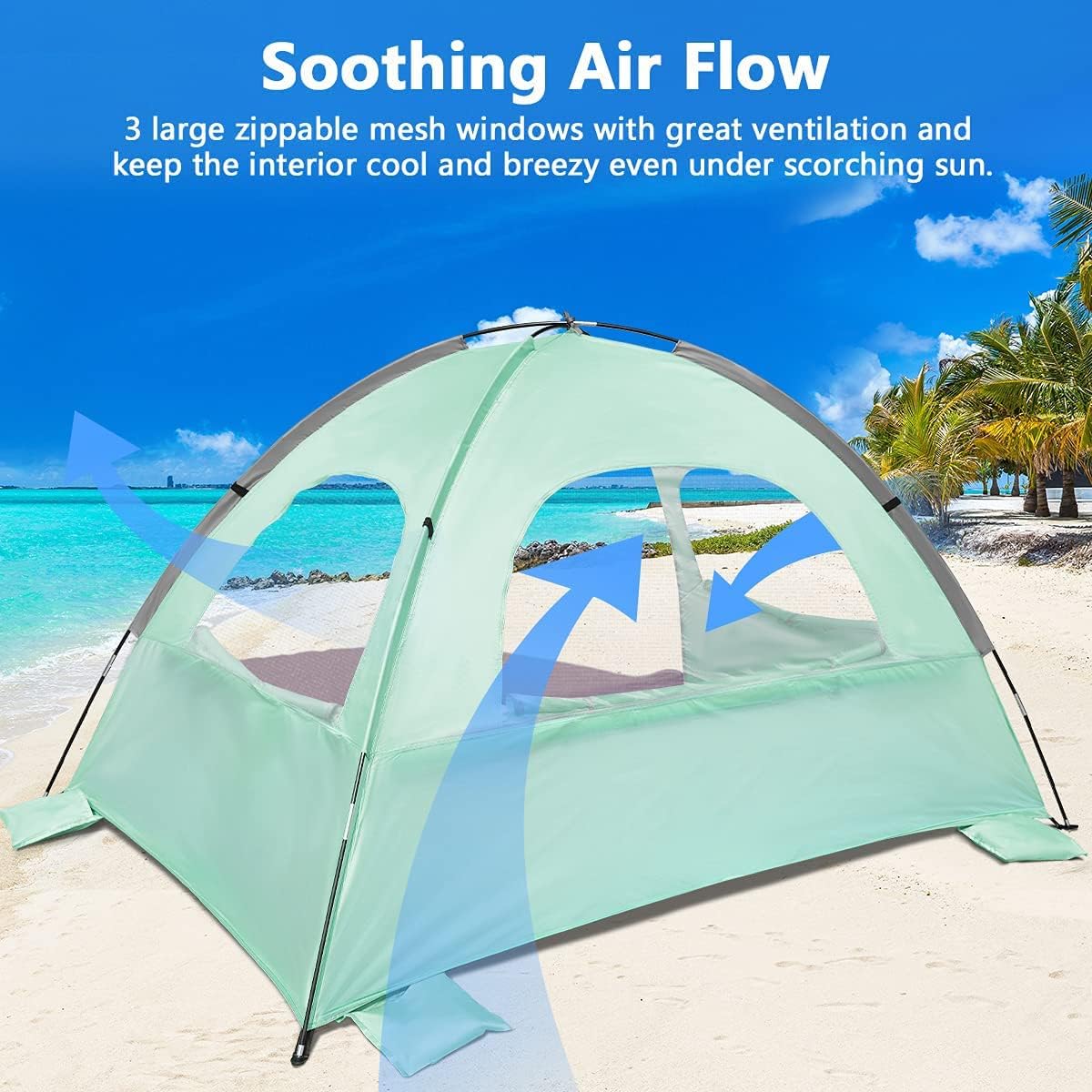 NXONE Beach Tent Sun Shade Shelter for 3/4/6 Person Person with UV Protection, Extended Floor, 3 Mesh Roll Up Windows & 8.0/8.5mm Fiberglass Rods丨Carry Bag Included