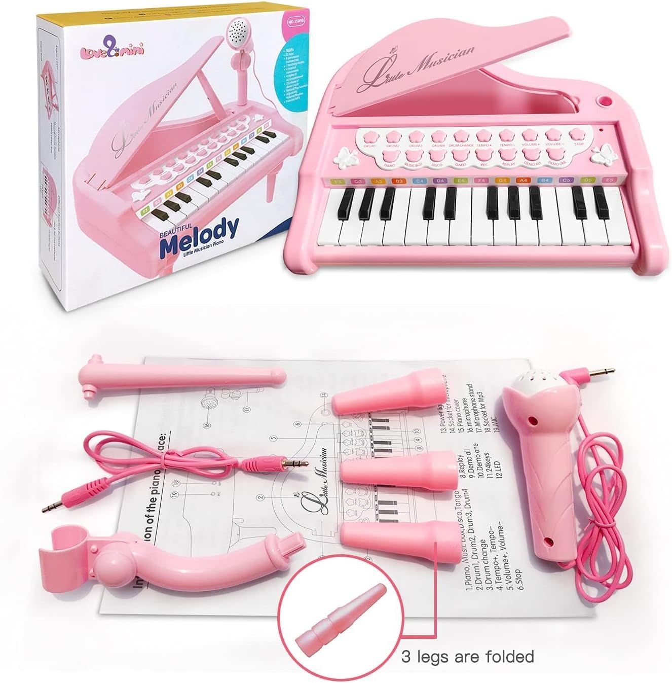Love&Mini Piano Keyboard Toy for Girls - 24 Keys Toddler Music Toy Instrument with Microphone, Pink Piano Toy for 1 2 3 Years Old Girls Birthday Gift