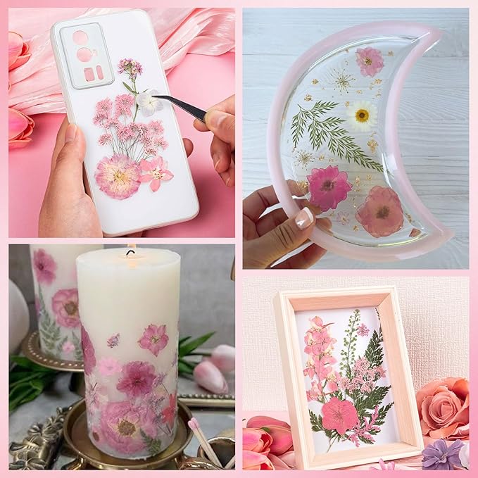 50pcs Pink Pressed Flowers Bulk, Romantic Dried Flower Leaves, Natural Pressed Dried Flowers with Tweezer for DIY Crafts Resin Mold Candles Cake Bridal Scrapbooking Supplies
