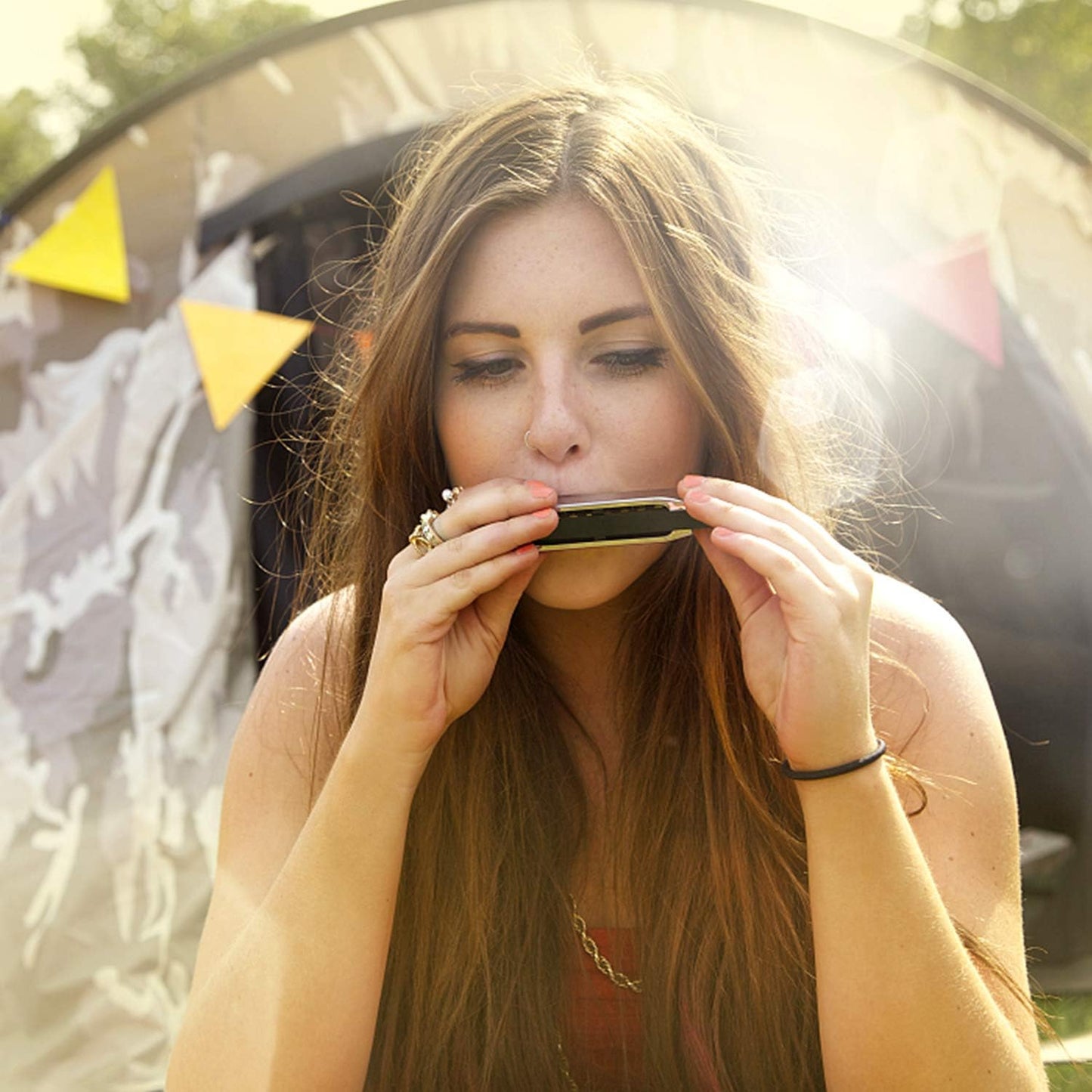 UPINS 4PCS Key of C 10 Hole 10 Tones Titanium Color Harmonica with Case for Beginner(Gold, Silvery, Black, Red)