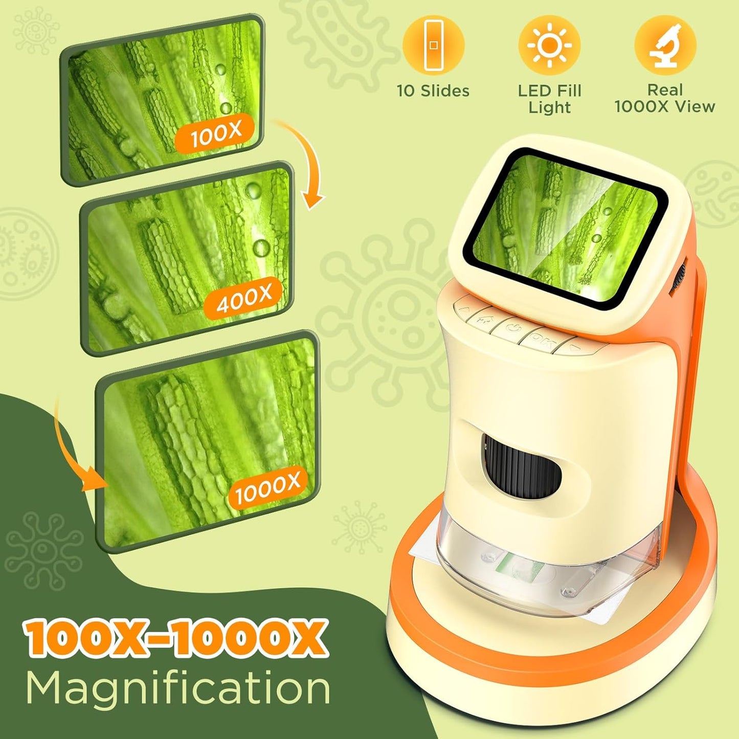 Microscope for Kids 2-in-1 Pocket Portable 1000X 2.0'' HD Screen Handheld Digital Microscopes with 10 Slides, Photo/Video, 6 Adjustable LEDs, Edu Science Kit Gift for Kids Age 5-7 8-12