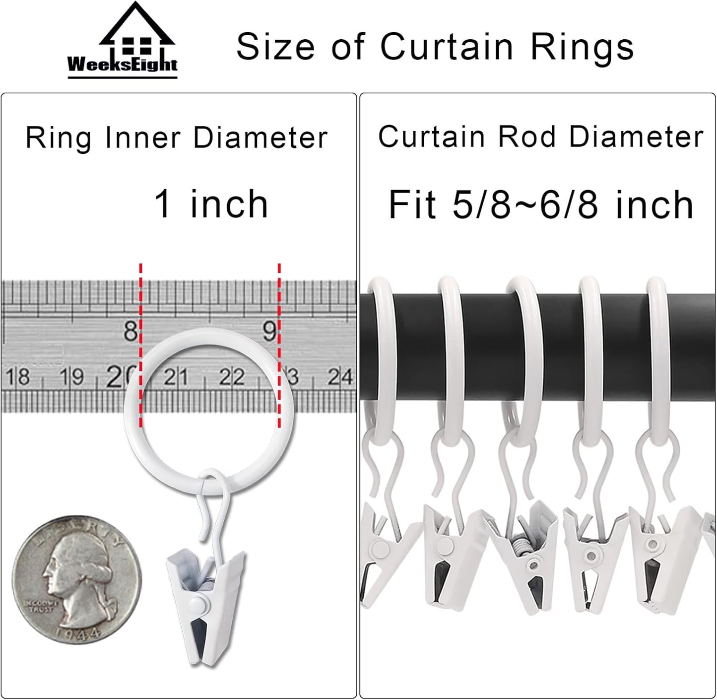 100 Pack White Curtain Rings with Clips, Curtain Hooks Hangers Clip Rings for Hanging Drapes Bows Hat, Drapery Rings 1 in I D, Fits up to 5/8 in Diameter Curtain Rod.