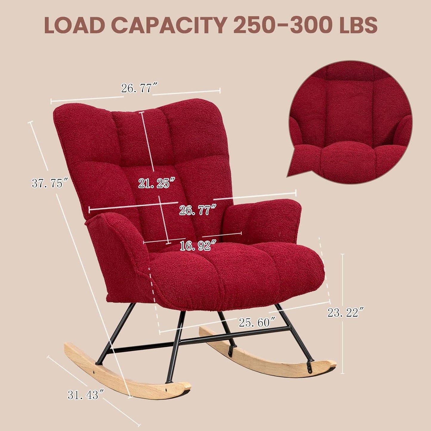Rocking Chair Nursery Teddy Upholstered Glider Rocker Rocking Accent Chair Padded Seat with High Backrest Armchair Comfy Side Chair for Living Room Bedroom Offices (Burgundy Teddy)