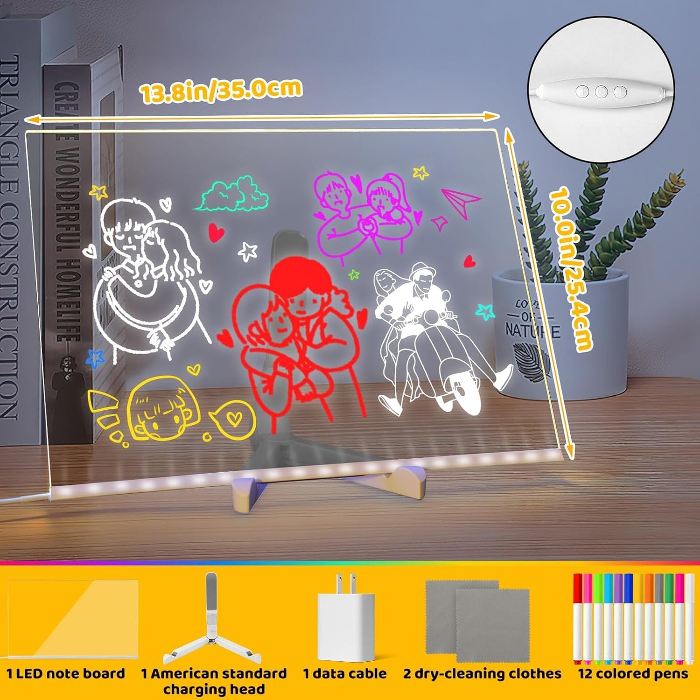 MOUNTCLI 14x10 inch LED Note Board with Colors, 7 Modes Glowing Acrylic Dry Erase Board with Light UP Drawing Memo Board Glow Message Board with 12 Pens for Kid Adult Holiday Gift Toys