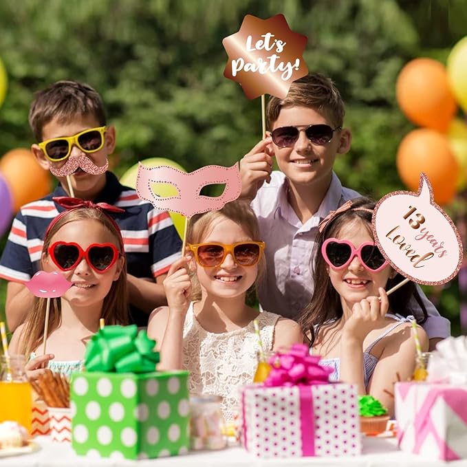 13th Birthday Party Photo Booth Props and Signs, Rose Gold 13 Birthday Party Selfie Props Kit with Sticks for Girls, Thirteen 13th Happy Birthday Party Decorations Supplies Favors