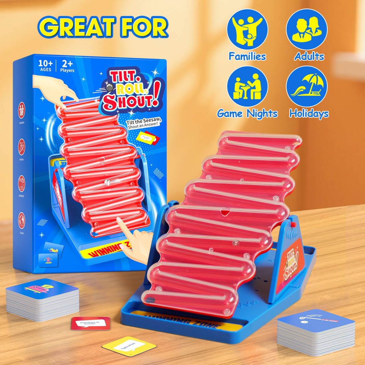 Tilt and Shout Game, Family Board Game for Adults & Teens & Kids Age 10+, Speedy Fast-Paced Party Games for Game Night, Birthday Gifts, Category Cards & Seesaw Timer, 2-8 Players