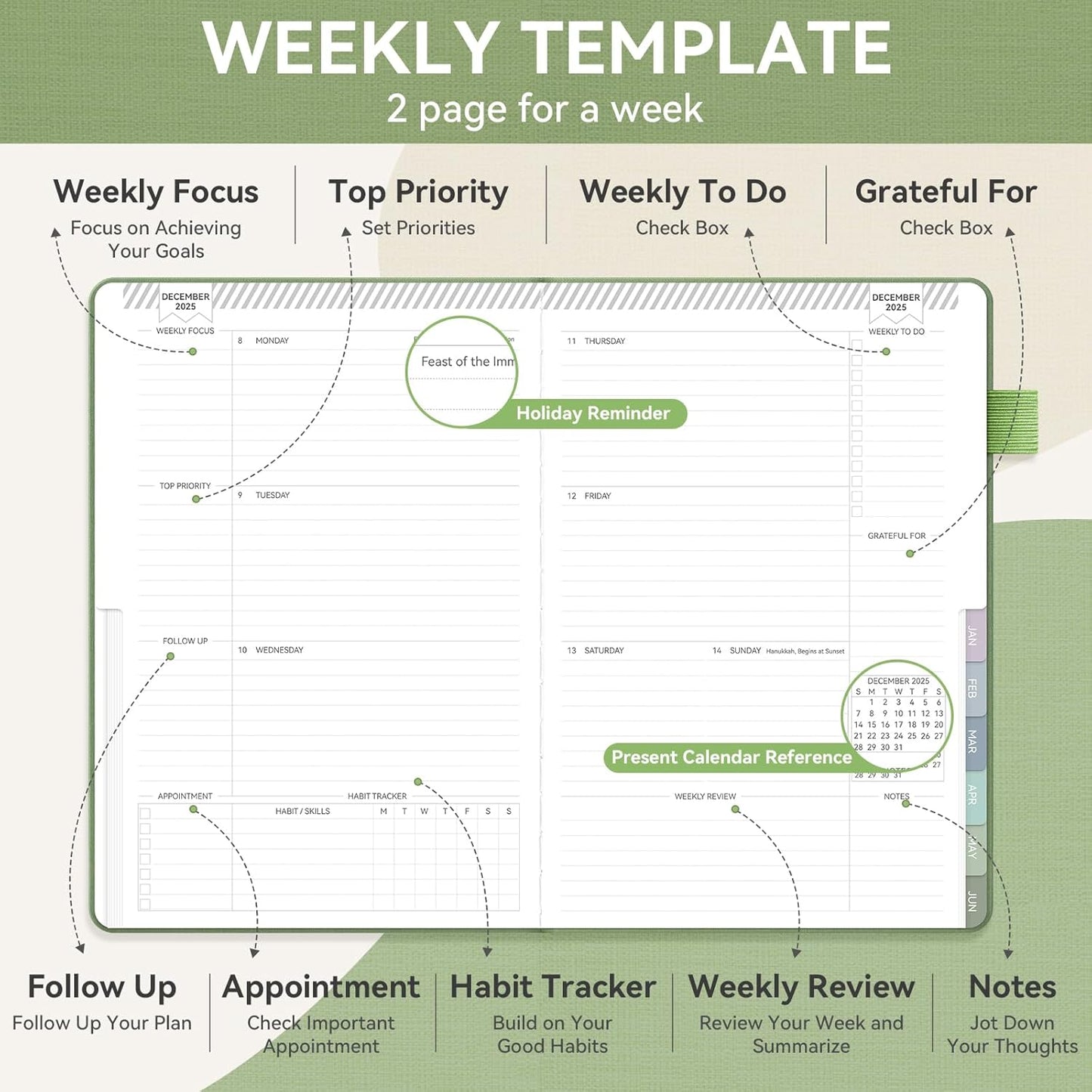 Getink Linen Cover 2025-2026 Planner Weekly & Monthly Daily Agenda Book,2025-2026 To Do List Notebook with Colorful Monthly Tabs, Inner Pocket, Elastic Closure (Green,7.3 * 10)