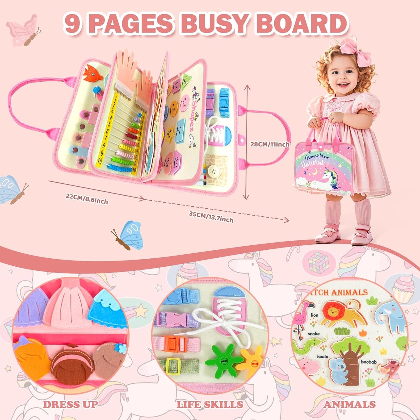 Toddler Busy Board Montessori Toys for 1 2 3 4 Year Old Girl Birthday Gift,Educational Learning Sensory Busy Book for 1-3, Airplane Car Travel Activities Toy for Two Year Old Girl(Pink)