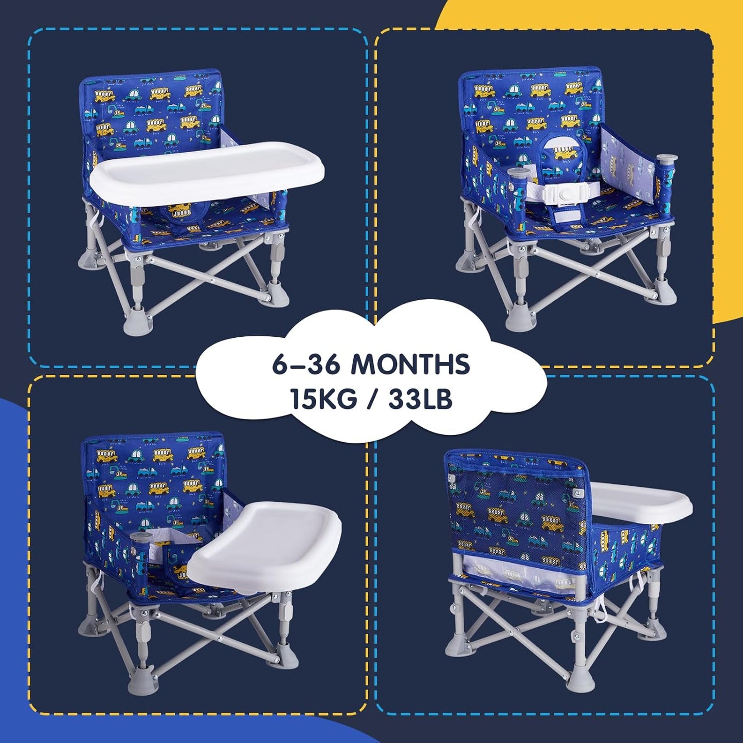 Portable Booster Seat, Toddler Baby Seat with Tray for Dining Table Compact Floor Chair for Camping Lawn Beach Babies Travel 6-36 Months