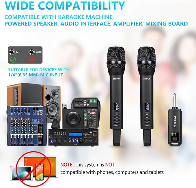 Dual Rechargeable Wireless Microphones, Pro Handheld Cordless Mics System with Echo Treble BASS VOL Control for Karaoke Singing Church Party, 1/4'' Output, Black
