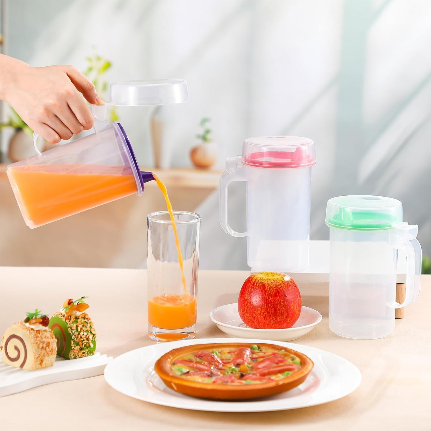 Newtay 6 Pack Early Learning Kids Easy Pouring Mini Pitchers Clear Plastic Pitcher with Lid and Handle Easy Pour Bottles 16 Oz. Jugs with Lids for Classroom Nursery Home (Colorful)