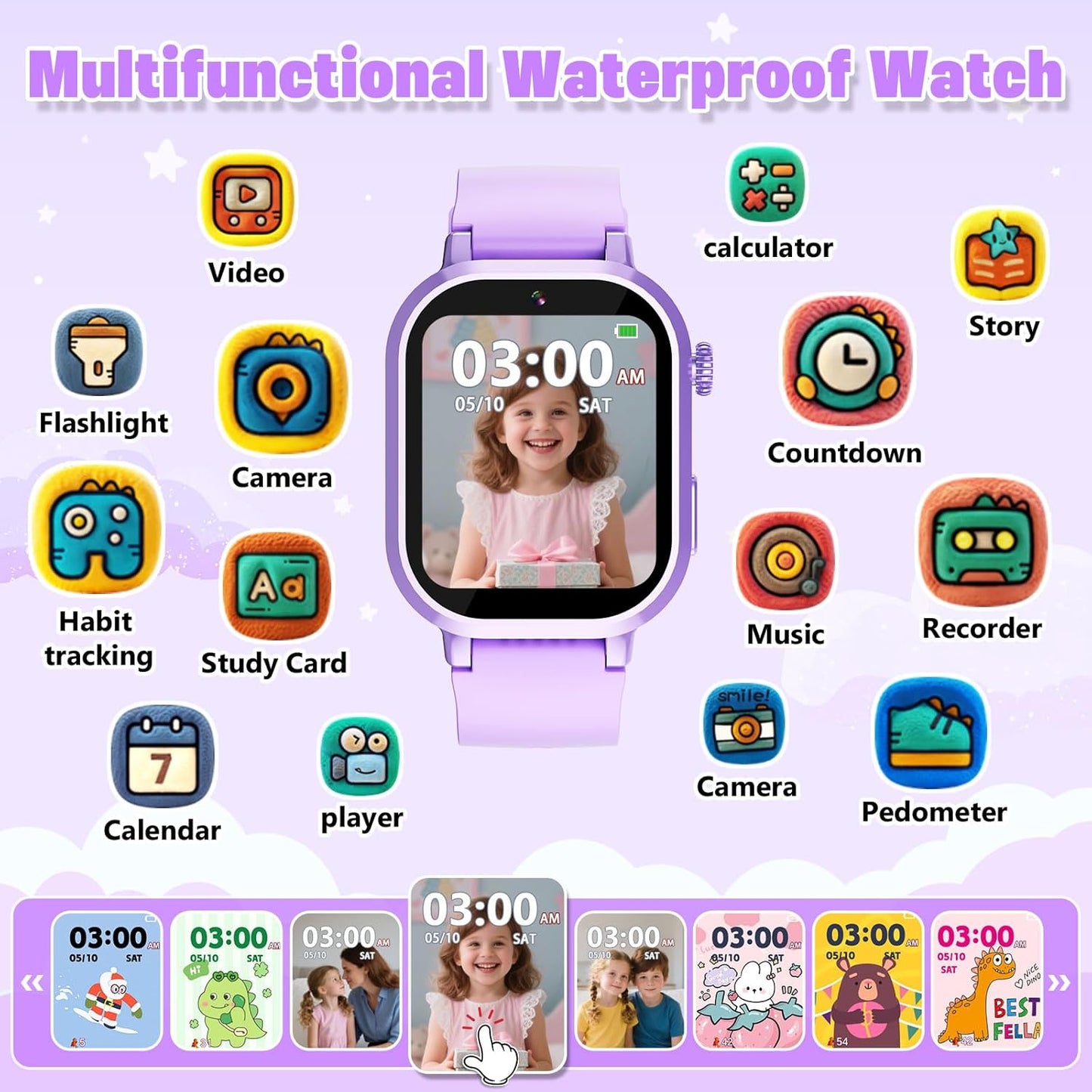 Kids Waterproof Smart Watch Girls Gift Age 3-12 with 39 Game HD Touch Screen Music Player Video Camera Pedometer Alarm Clock Toys Birthday Gifts for 6 7 8 9 Year Olds Purple