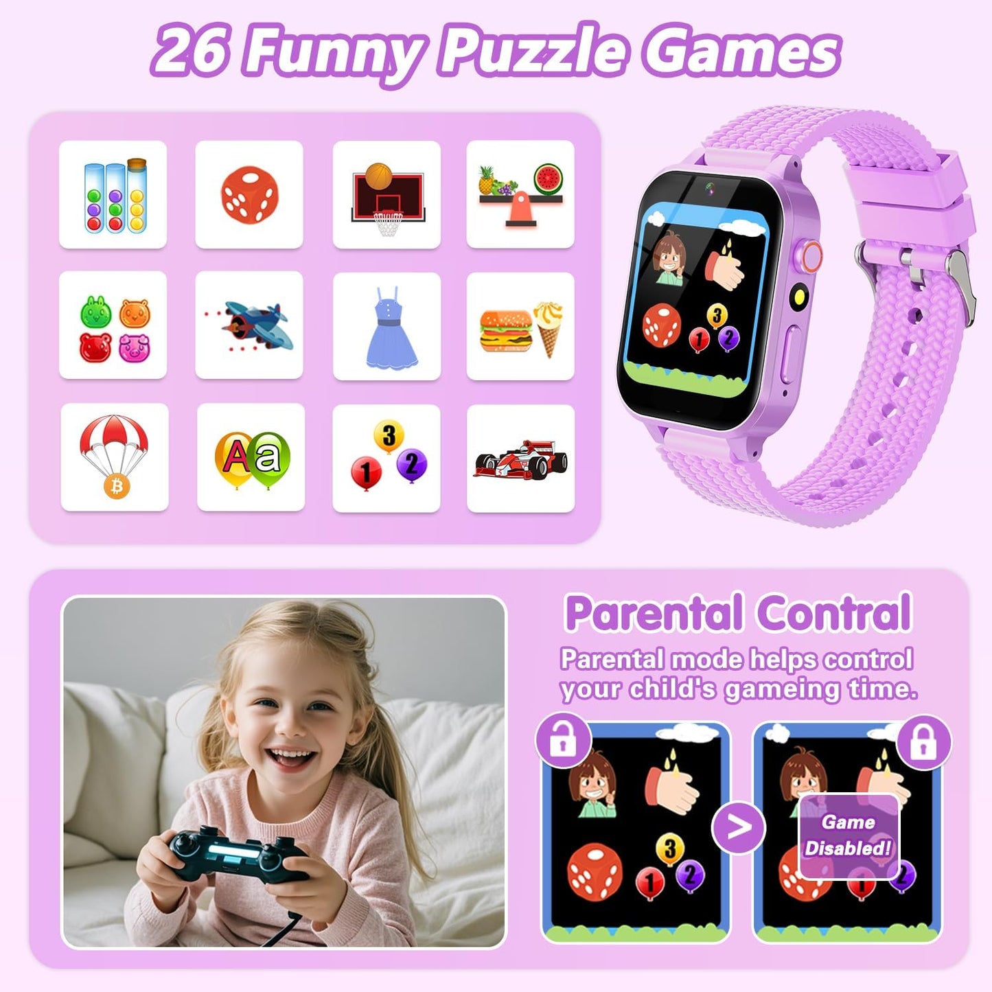 Smart Watch for Kids Girl Gift Ages 3-12, 2 Screen Protector, 26 Puzzle Games, HD Camera Video Music Player Touchscreen Pedometer, Educationtal Toy Brithday Gifts for Girl Ages 4 5 6 7 8 9 10(Purple)