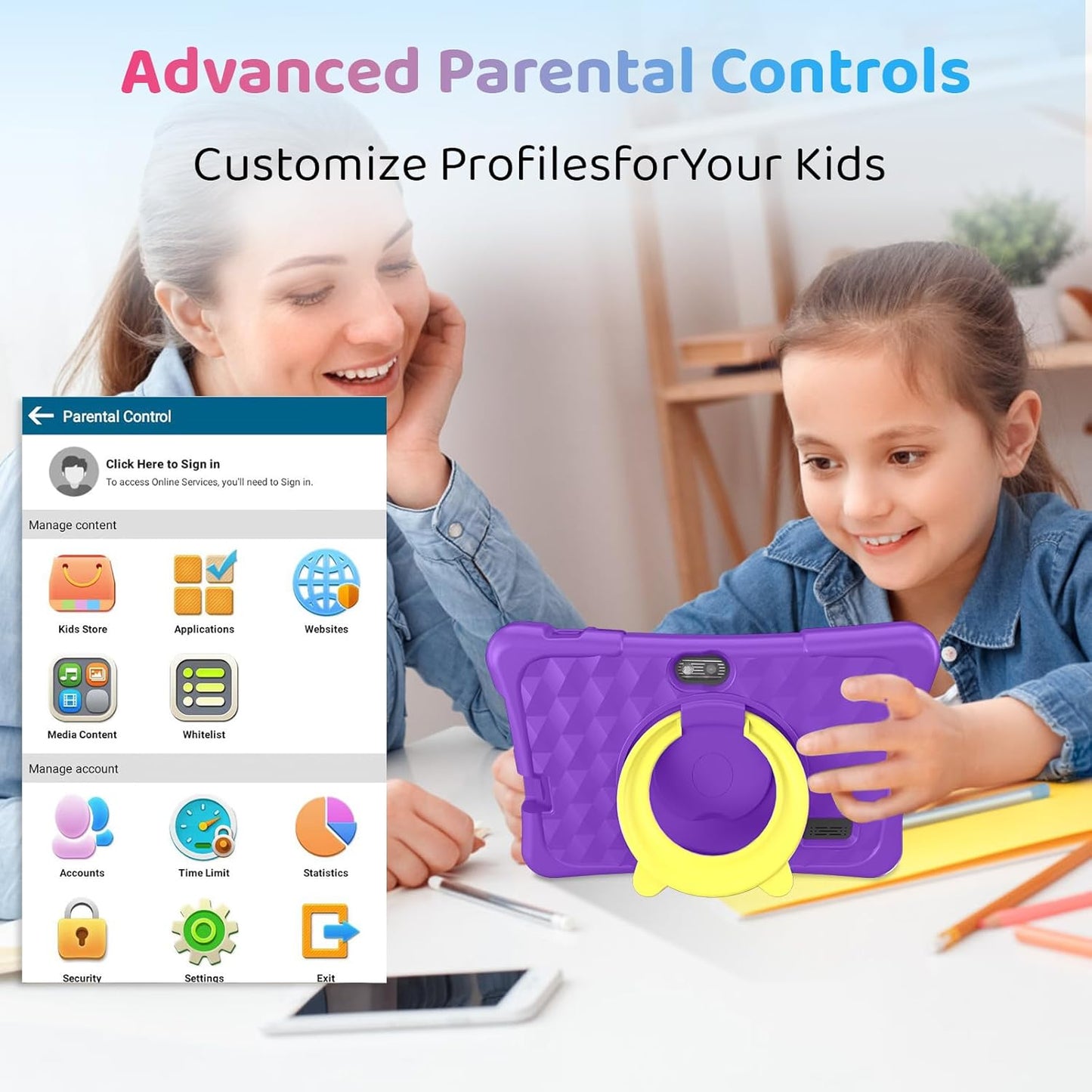 Kids Tablet, 7 inch Android 15 Tablet for Kids, 8GB+32GB 1TB Expand, Quad-Core Toddler Tablets with Shockproof Case, BT5.0, WiFi 5, Parental Control, Games, Dual Camera (Purple)