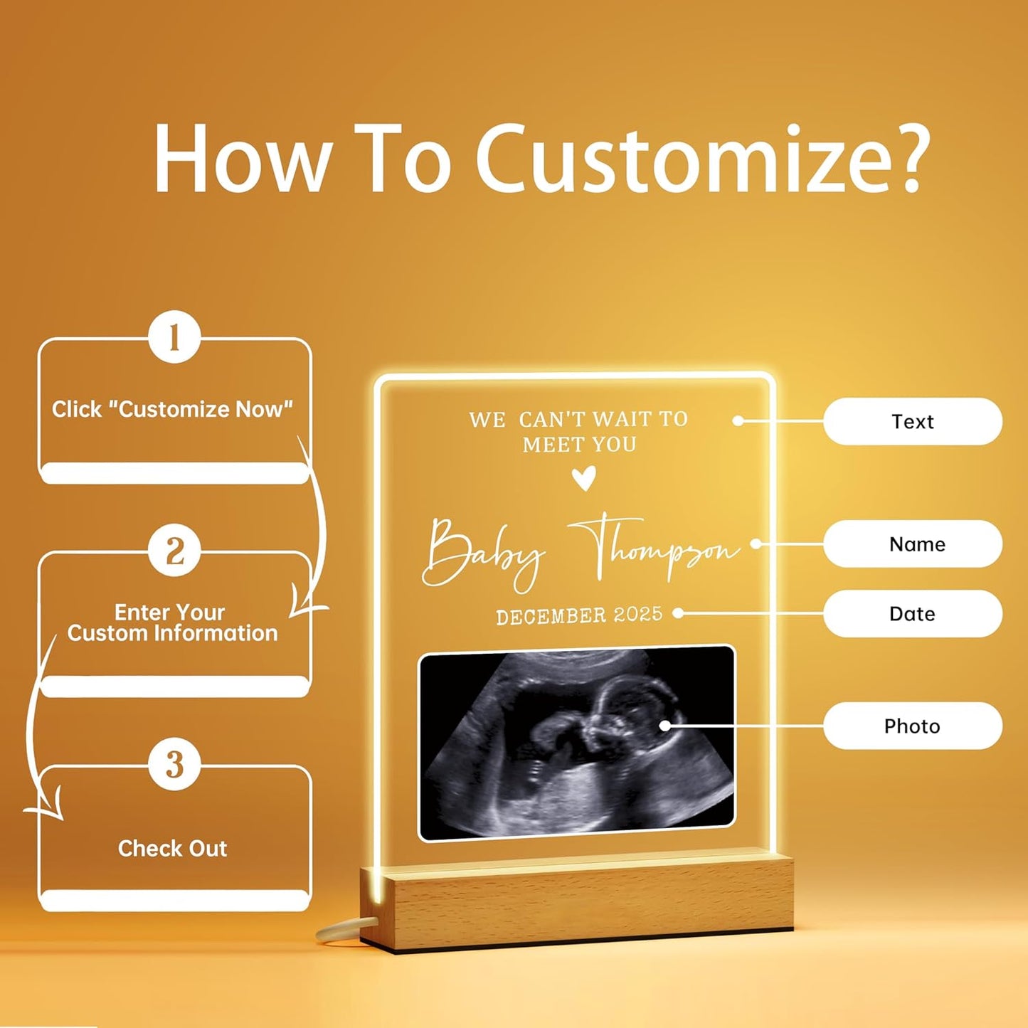 Personalized First Time Parents Gifts for Mom, Custom Ultrasound Picture Frame for Pregnant Announcement, Anniversary Mothers Day Gifts for Mom from Kids, Customized Acrylic Plaque Night Light