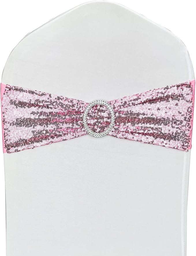 10 Pcs Chair Sashes Sequin Stretch Chair Bands Spandex Polyester Bows for Party Hotel Wedding Banquets Decoration - Pink
