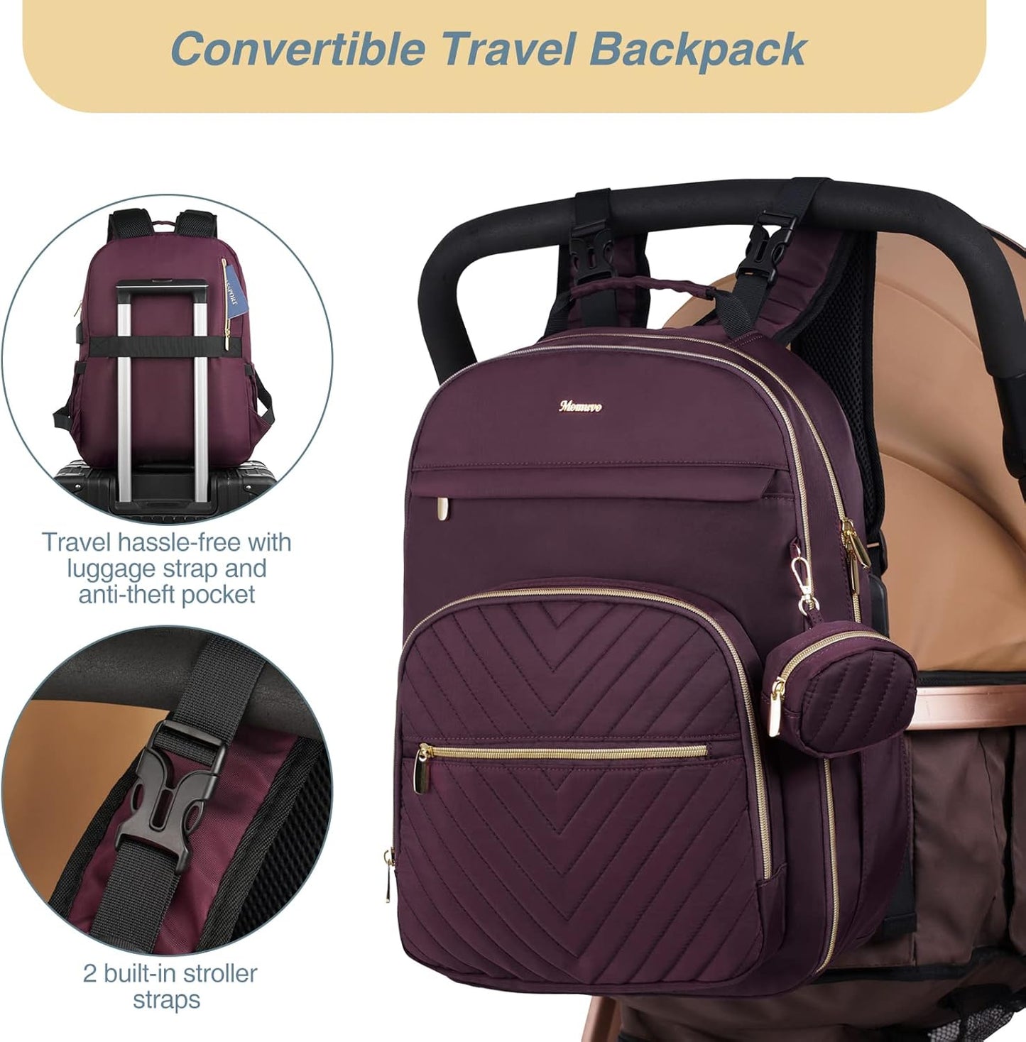 MOMUVO Diaper Bag Backpack, Quilted Baby Bag with Changing Pad & Stroller Straps & Pacifier Case, Large Travel Diaper Bags for Mom Dad, Dark Purple
