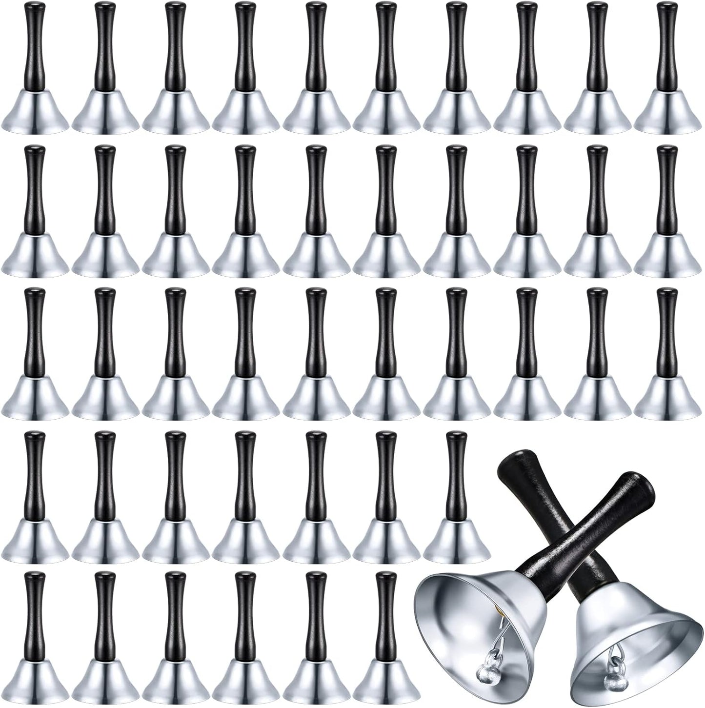 Yeshone 50 Pcs Loud Hand Bell Bulk Dinner Service Bell for Food Line Care for The Sick and Elderly Alarm Ringing Call for Pets Jingles Weddings Christmas Decoration(Silver)
