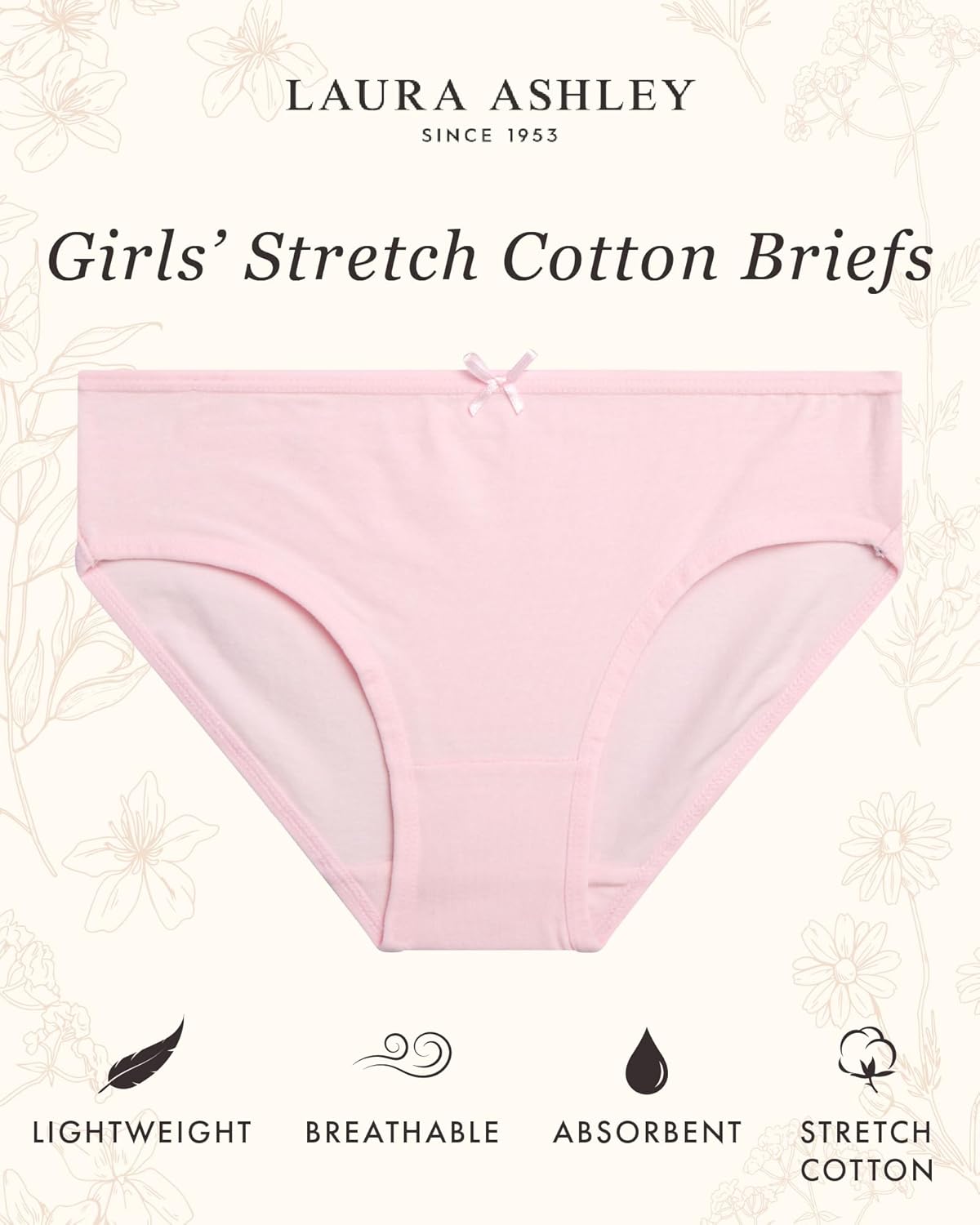 Laura Ashley Girls Underwear - 5 Pack Soft Stretch Breathable Panties for Girls - Lightweight Cotton Panties (Size: 4-12)