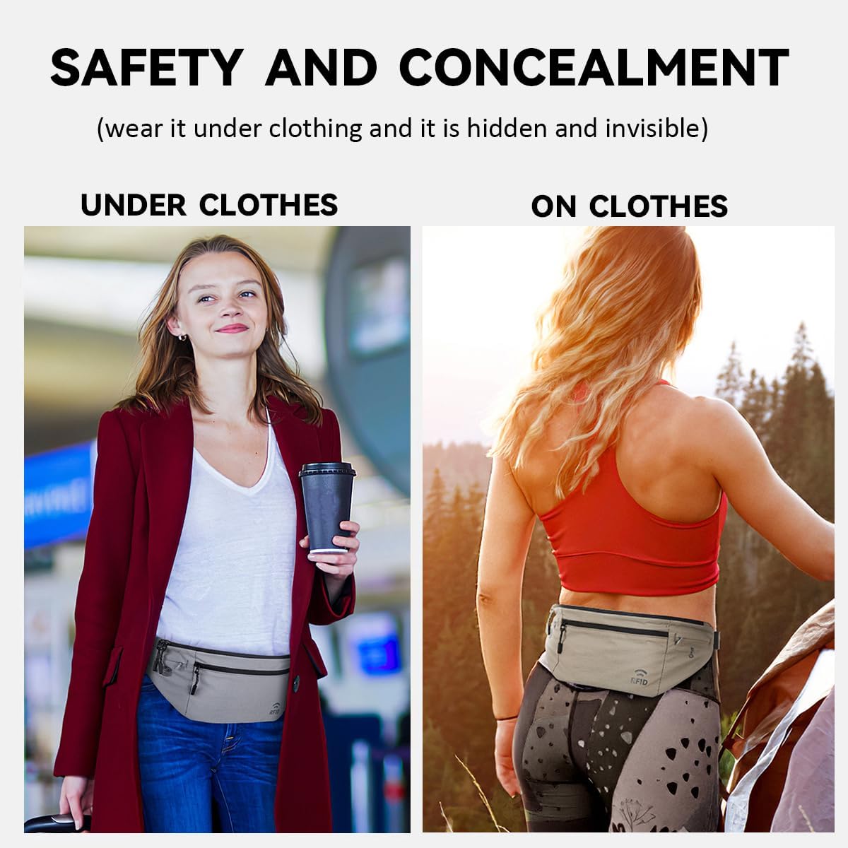 Travel Money Belt for Men and Women hidden slim passport holder - travel wallet with RFID blocking under clothes to protect Cash, Credit Cards and Documents (GRAY)