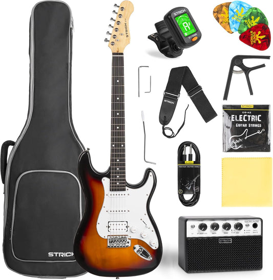 STRICH Electric Guitar Beginner Kit, Solid Body 39" Full Size Electric Guitar HSS Pick Up for Starter, with 10W Amp, Bag, Digital Tuner, Capo, Strap, String,Cable, Picks, SST-S20 Sunburst