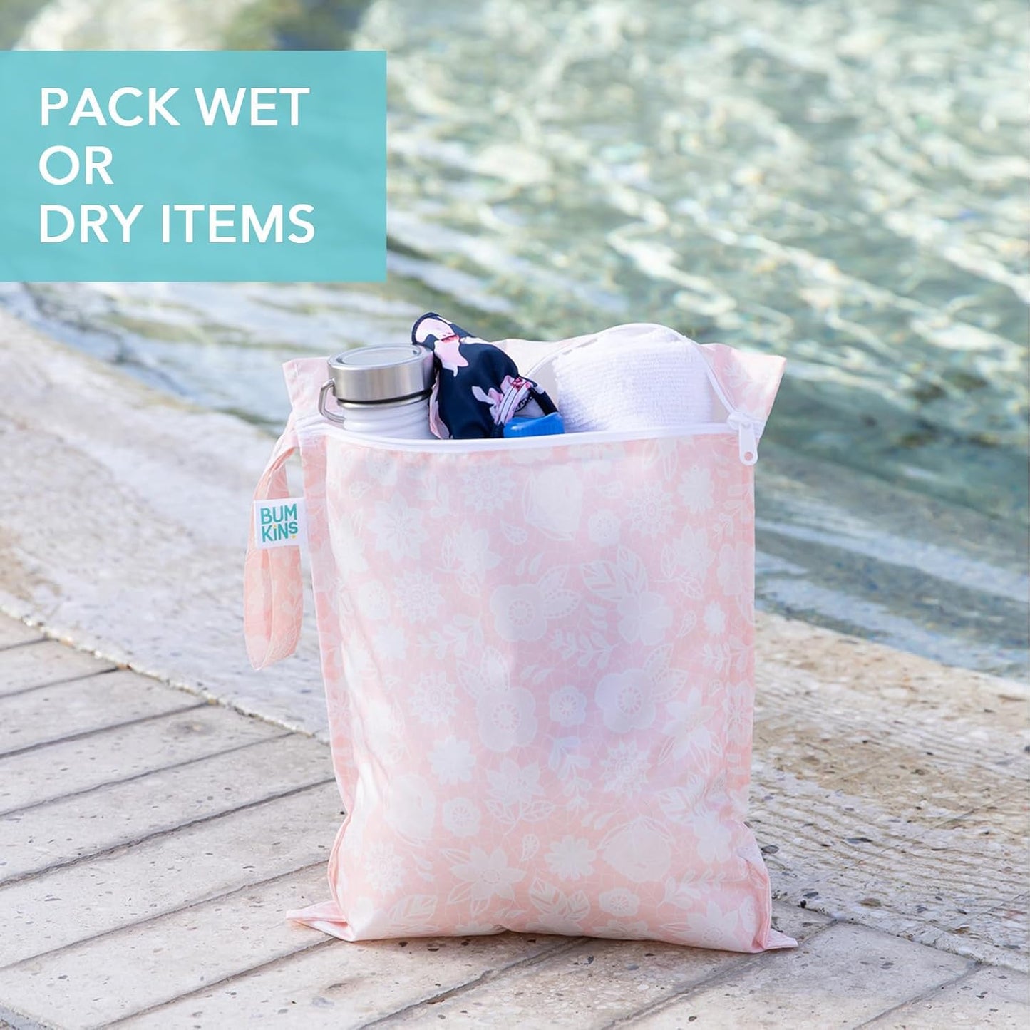 Bumkins - Waterproof Wet Bag - For Baby, Travel, Swim Suit, Cloth Diapers, Pump Parts, Pool, Gym, Toiletry, Strap to Stroller - Reusable & Easy to Clean - 2pk - Floral & Lace