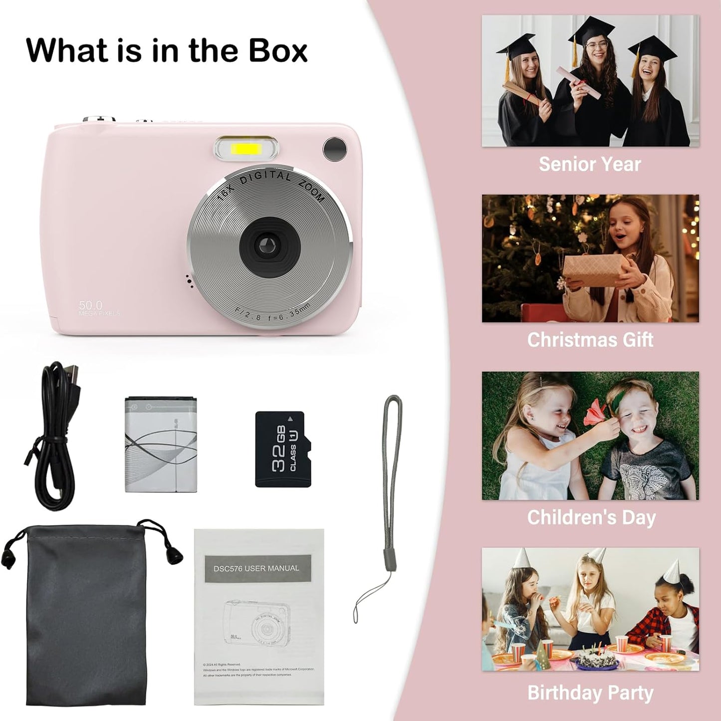 Digital Camera for 50MP FHD 1080P, Digital Point and Shoot Camera with 16X Zoom Anti Shake, Indoor&Outdoor Travel Compact Small Camera Gift for Boys Girls Kids Camera with 32GB Card, Pink