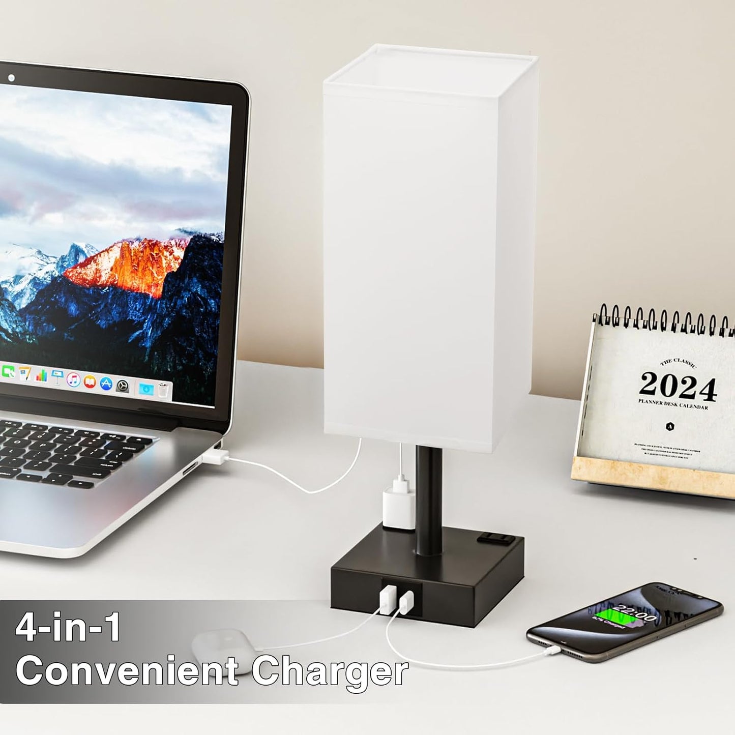 Touch Bedside Table Lamp for Nightstand - 3-Way Dimmable Night Lamp with USB A + Type C Charging Ports and Two AC Outlets, Small Desk Light with E26 LED Bulb for Bedroom Living Room,White Black