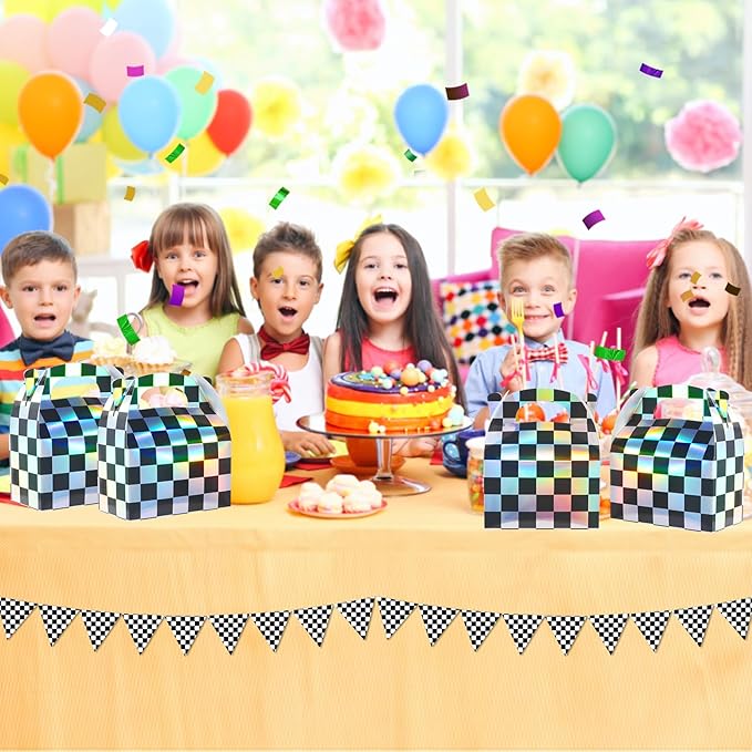 24 Pcs Iridescent Checkered Race Car Party Favor Gable Boxes, Paper Black and Iridescent Car Goodie Treat Boxes, Racecar Laser Plaid Gift Box for Kids Fast Race Cars Birthday Party Decorations