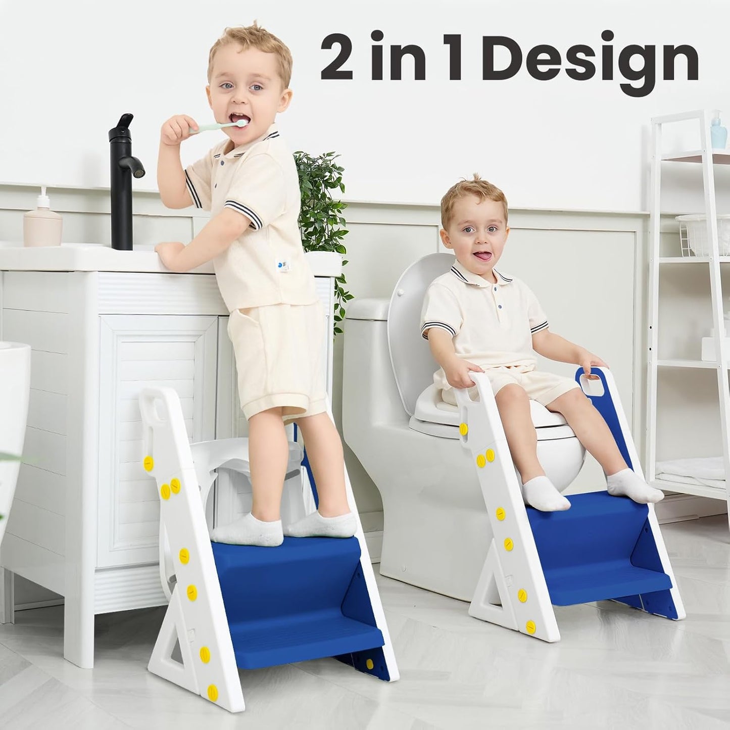 Primlect Space-Saving Potty Training Seat with Ladder, Adjustable Step and Toilet Seat Height, Top Handles for Easy Climbing, Easy to Carry, Portable Toddler Toilet Trainer for Small Bathrooms