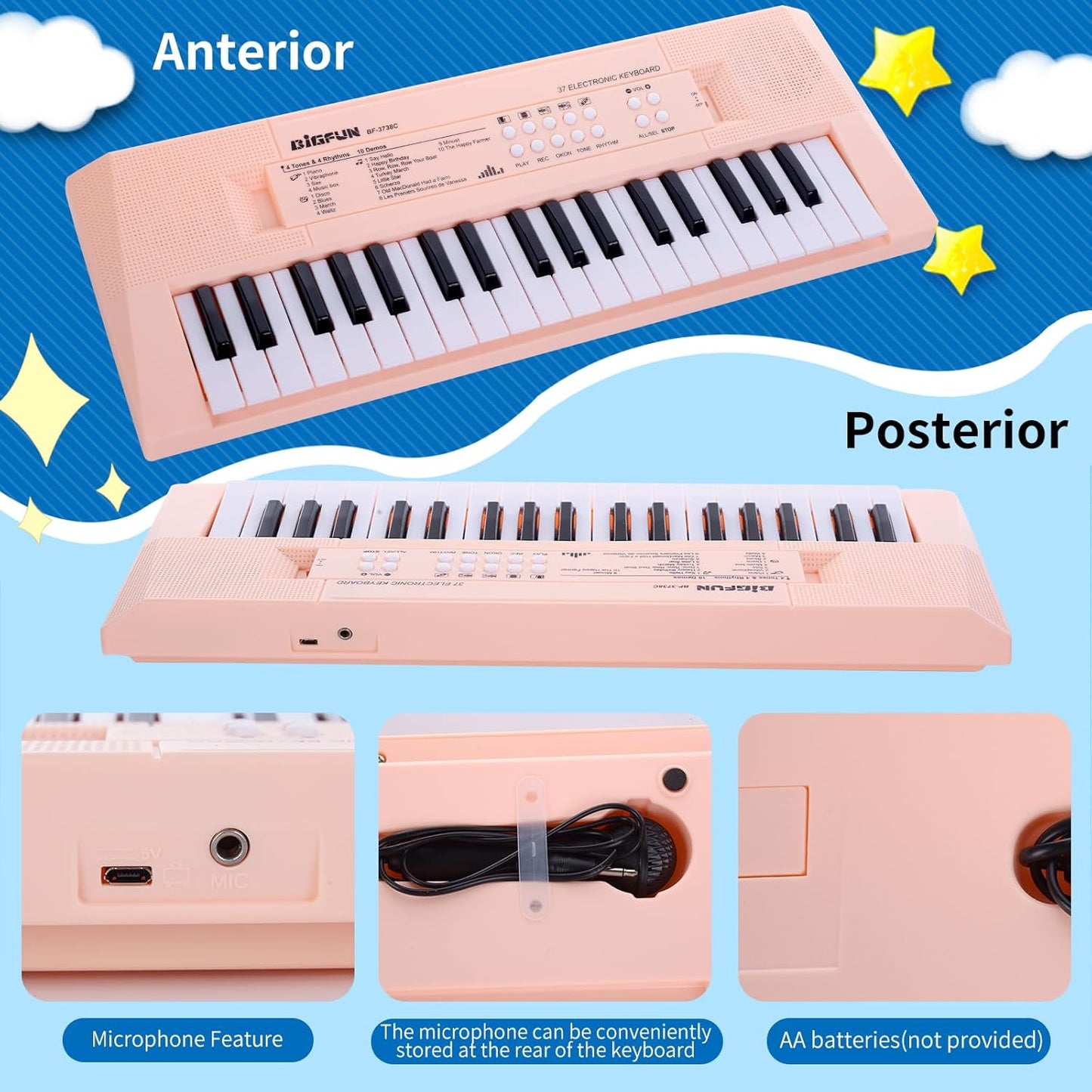 Kids Piano Keyboard, 37 Keys Portable Music Keyboard Early Learning Educational Electronic Music Piano Instrument Toys for 3 4 5 6 Year Old Boys and Girls (Pink)