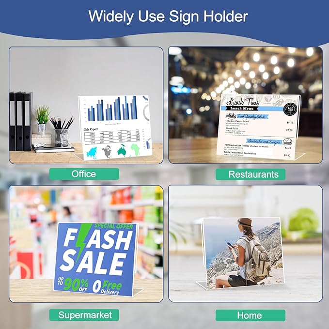 Slanted Back Acrylic Sign Holder 5 x 7 Horizontal, Clear Tabletop Acrylic Stands for Display 7 x 5, Plastic Paper Sign Holder for Office, Home, Restaurant (6 Pack 7x5 Inches)