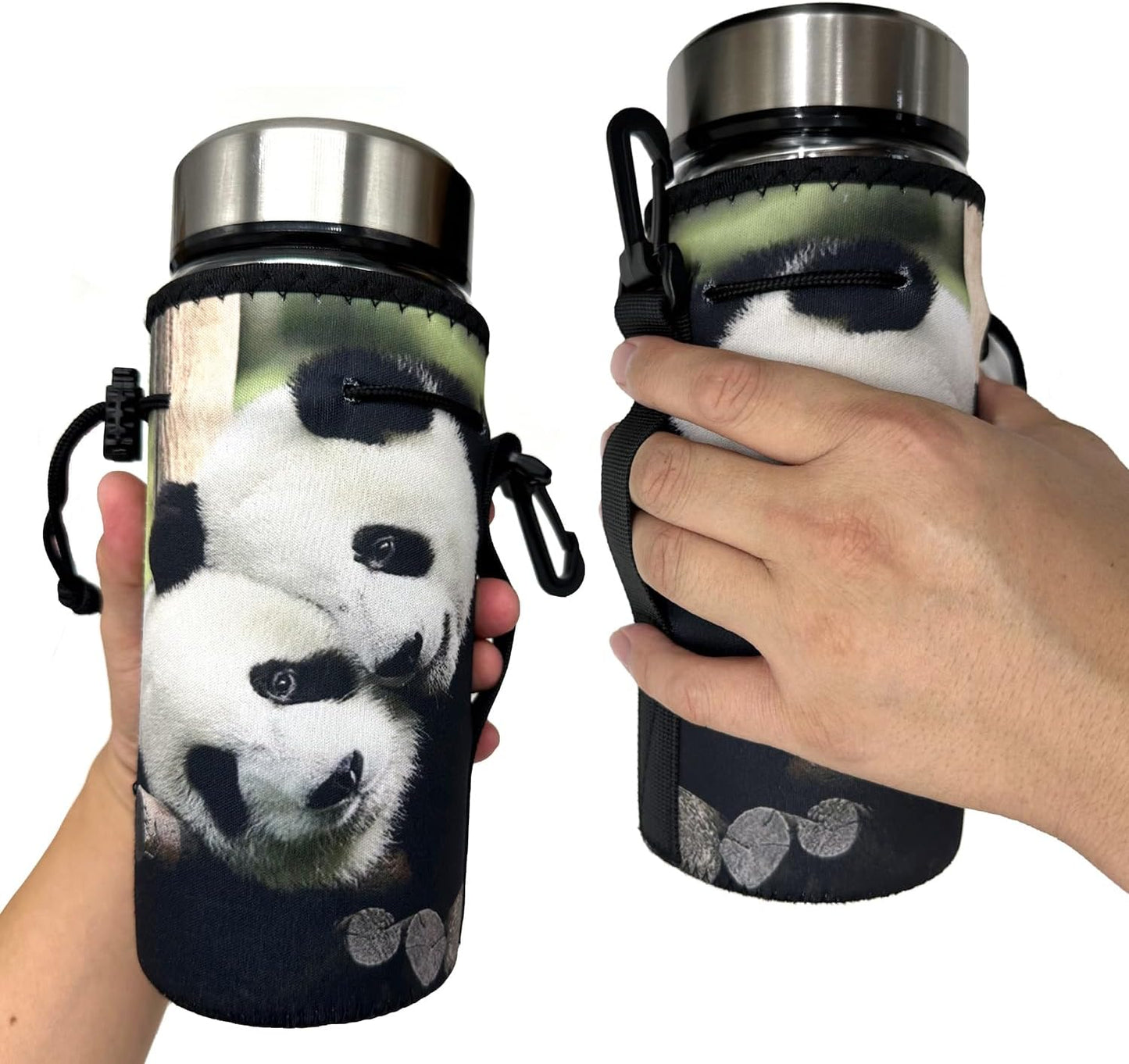 Water Bottle Bag Carrier, Water Bottle Neoprene Sleeve Portable Insulator Bottle Cover Drawstring Insulator for 18 Oz 20 Oz Water Bottle (Panda)