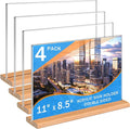 Kersally Acrylic Sign Holder 11 x 8.5'', 4 Pack Double-Sided Clear Table Display Stands with Wood Base,Horizontal Acrylic Frame Menu Flyer Paper Holder for Store, Restaurant, Hotel, Office, Show Fair