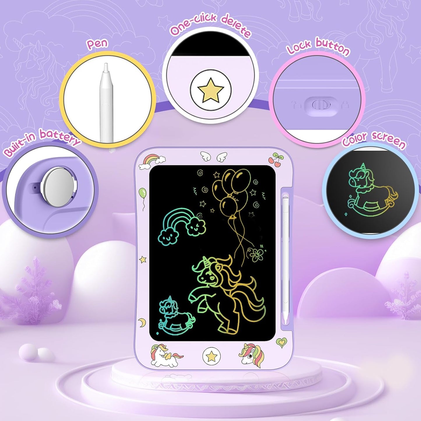 LCD Writing Tablet for Kids, Colorful Screen Drawing Board for 3-7 Year Old Boys & Girls - Educational Toys for Birthday & Christmas (Unicorn)