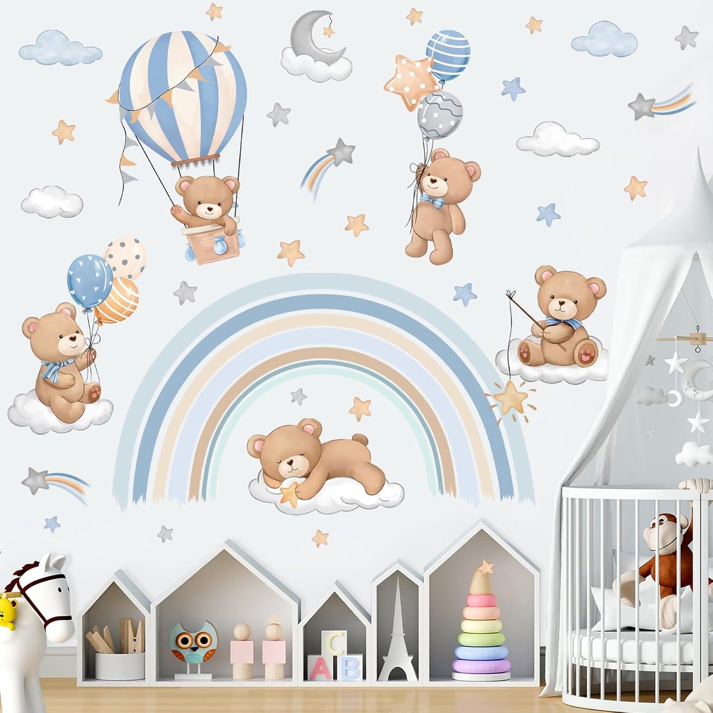 decalmile Rainbow Animal Wall Decals Hot Air Balloon Animals Bear Clouds Wall Stickers Baby Nursery Kids Bedroom Living Room Wall Decor