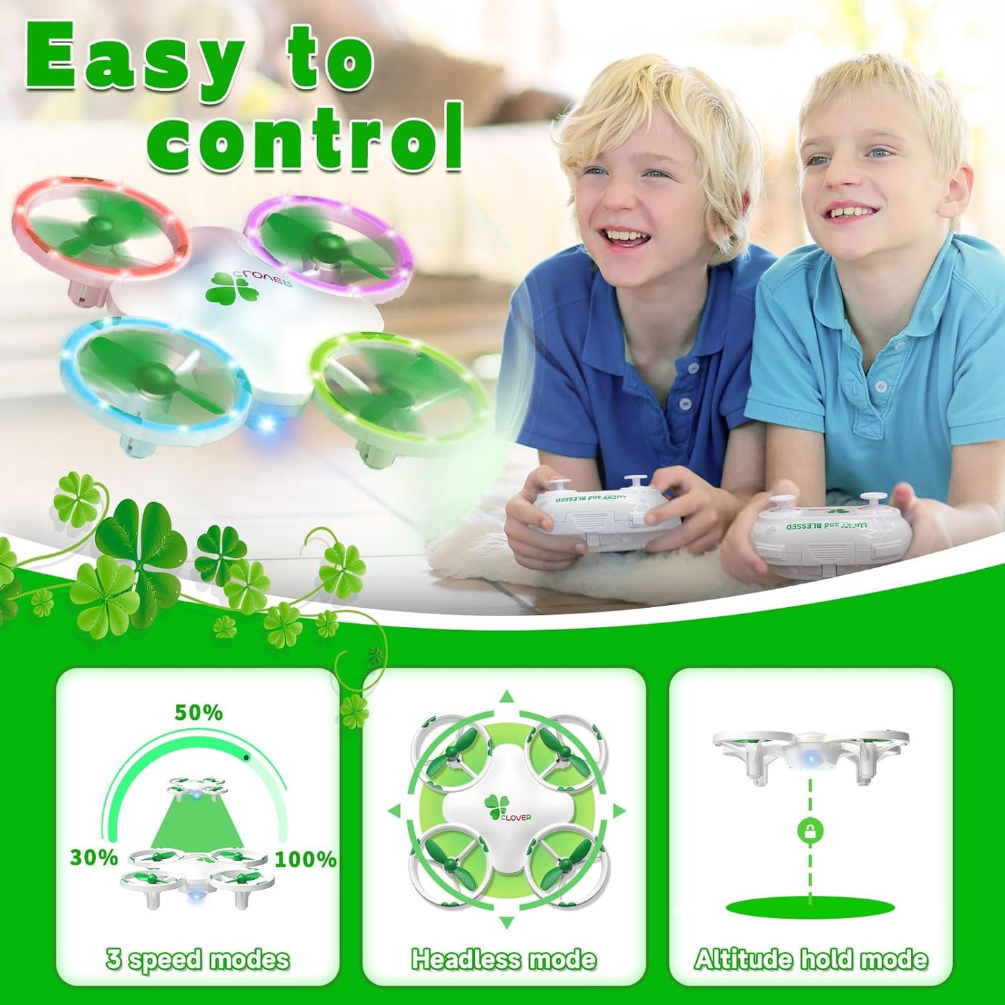 Clover Mini Drone for Kids – Beginner-Friendly LED Quadcopter with Dual Modular Batteries, Easy to Fly, Altitude Hold, One-Key Takeoff, 360 Flips – Gift for Boys & Girls Age 6+
