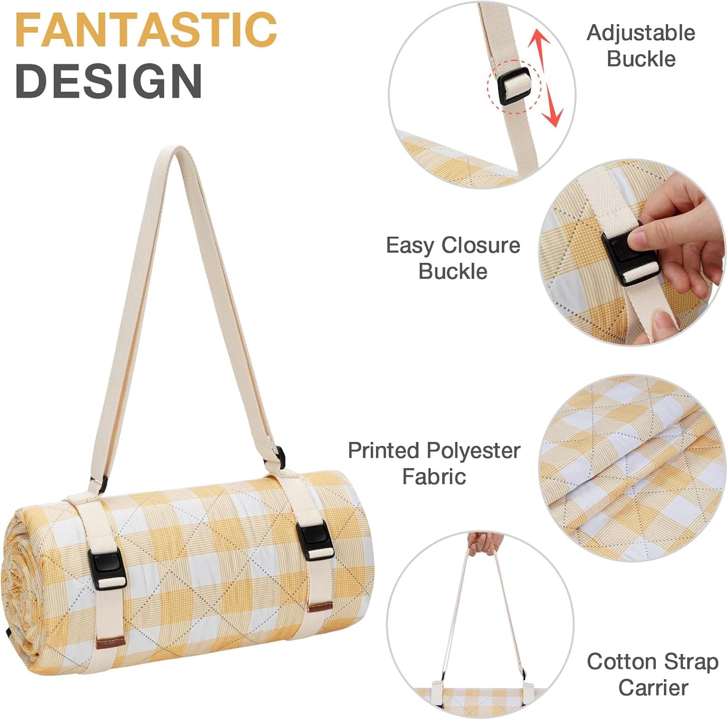 Picnic Blanket, 80''x80'' Waterproof Outdoor Blankets, Picnic Mat Washable for Beach, Picnic Blankets for Camping on Grass with Shoulder Strap - Yellow & White
