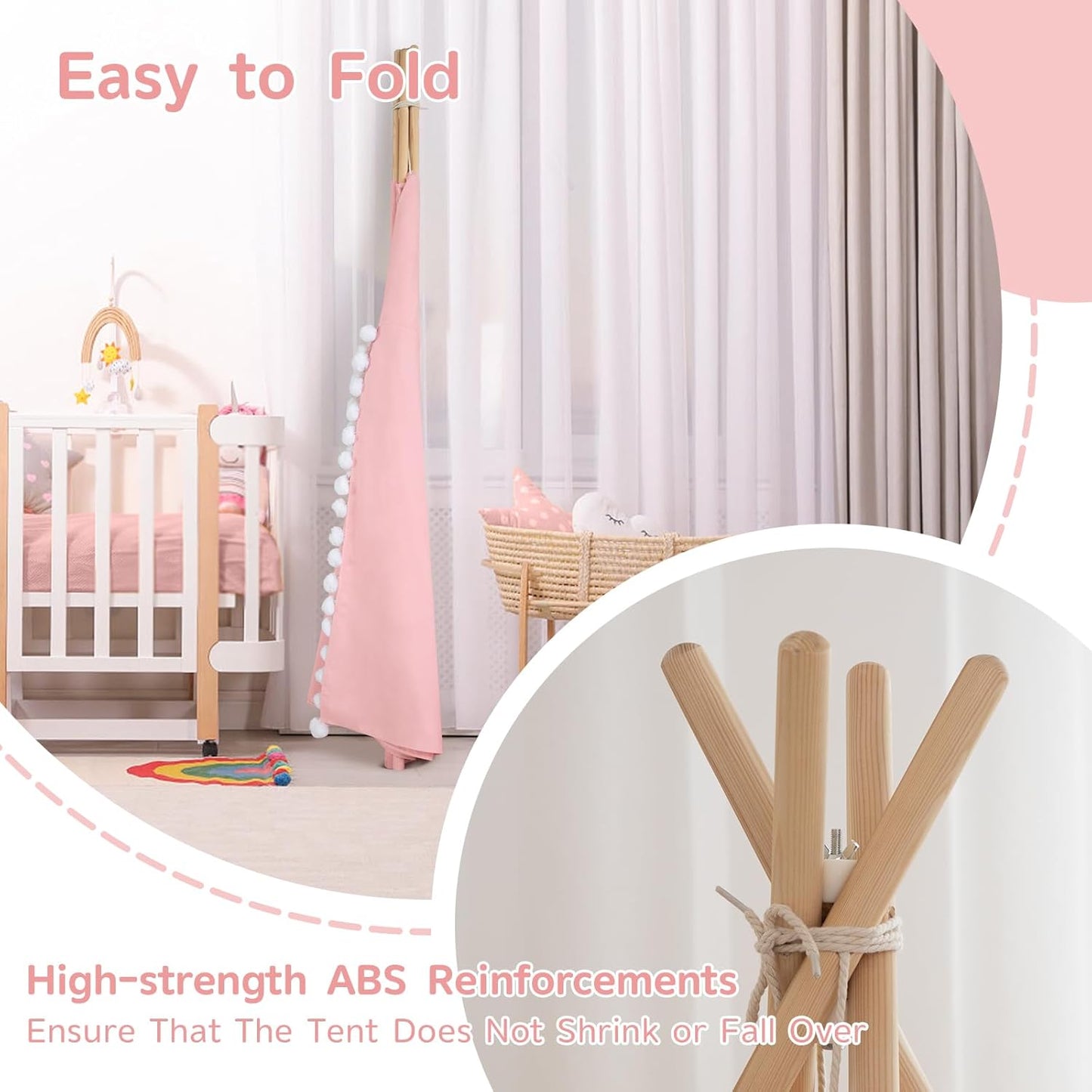 Teepee Tent for Kids with Padded Mat Cotton Canvas Kids Tent with Pompom for Toddlers Indoor Play Tent for Girls Boys with Stars Lights, Carry Bag, Banner Flag (Pink)