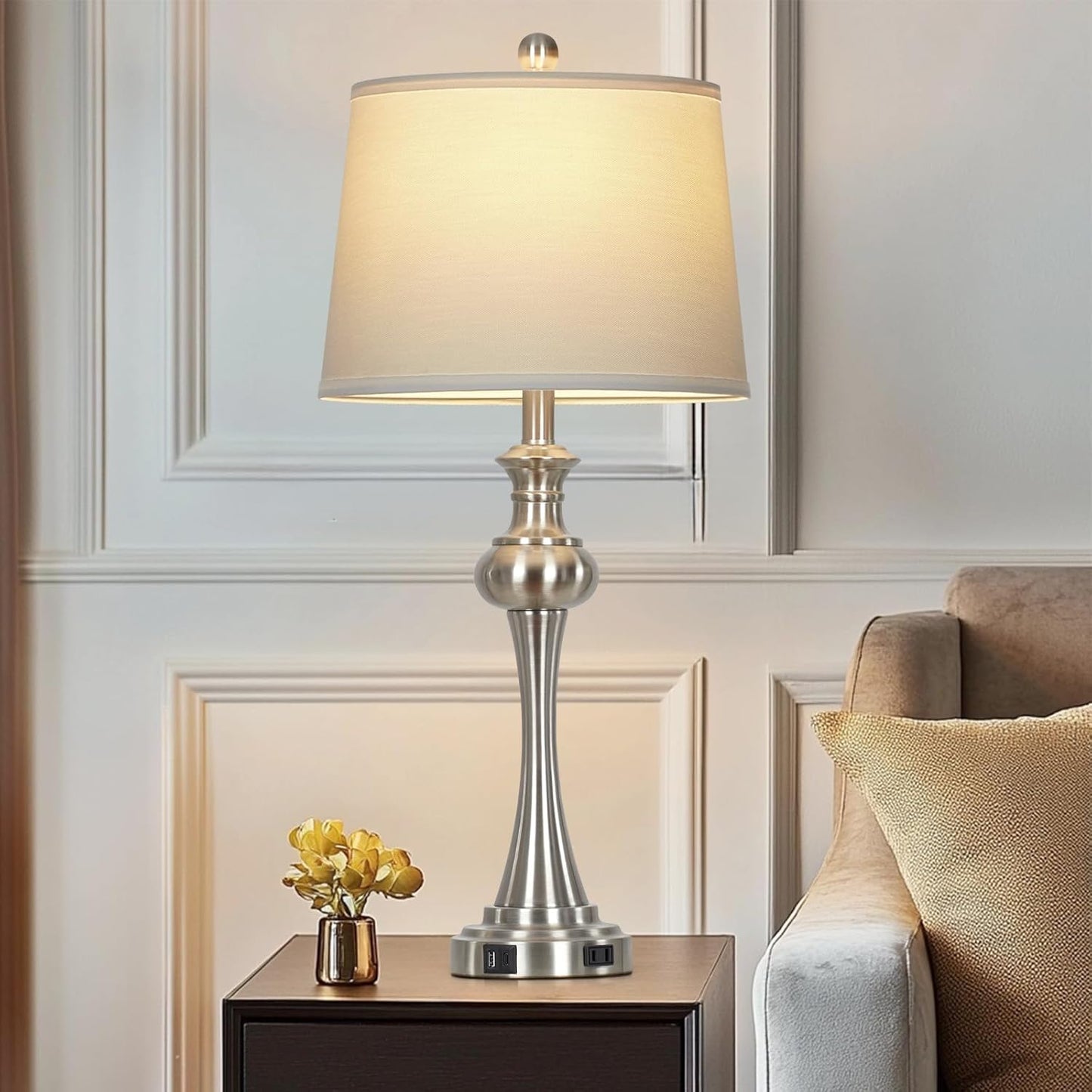 28.75"Silver Table Lamps Set of 2, 3 Way Touch Control Living Room Lamps with USB A+C Ports & Outlets , Modern Bedside Lamps, Elegant Metal Nightstand Lamps for Bedroom Office End Table Decoration