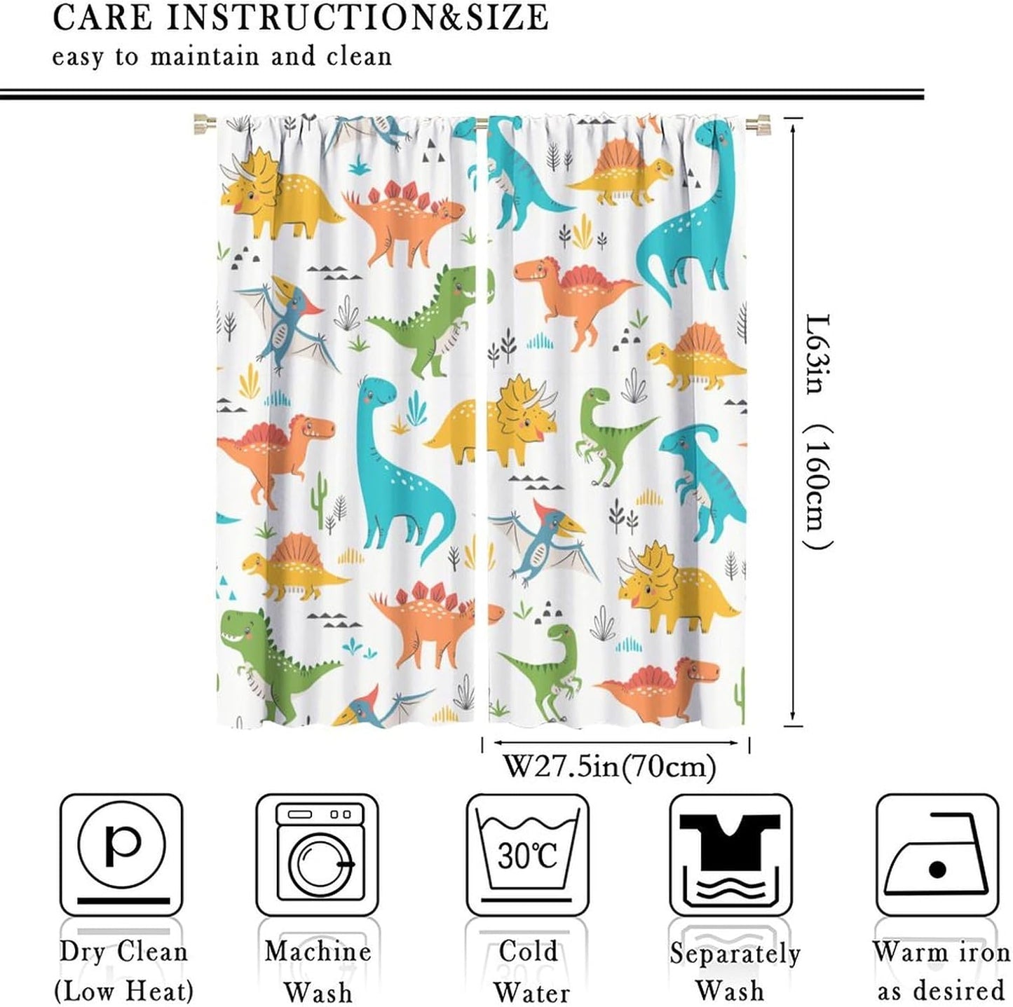 Kids Dinosaur Curtains for Boys Girls Bedroom Decor Cartoon Dino Colorful Cute Funny Animal Wildlife Printed Blackout Rod Pocket Window Drapes for Baby Nursery Playroom W27.5xL63in 2 Panels