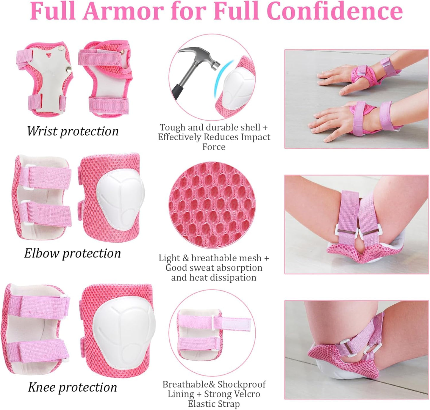 KAMUGO Kids Adjustable Helmet, with Sports Protective Gear Set Knee Elbow Wrist Pads for Toddler Age 2-8 Boys Girls, Bike Skateboard Hoverboard Scooter Rollerblading Helmet Set