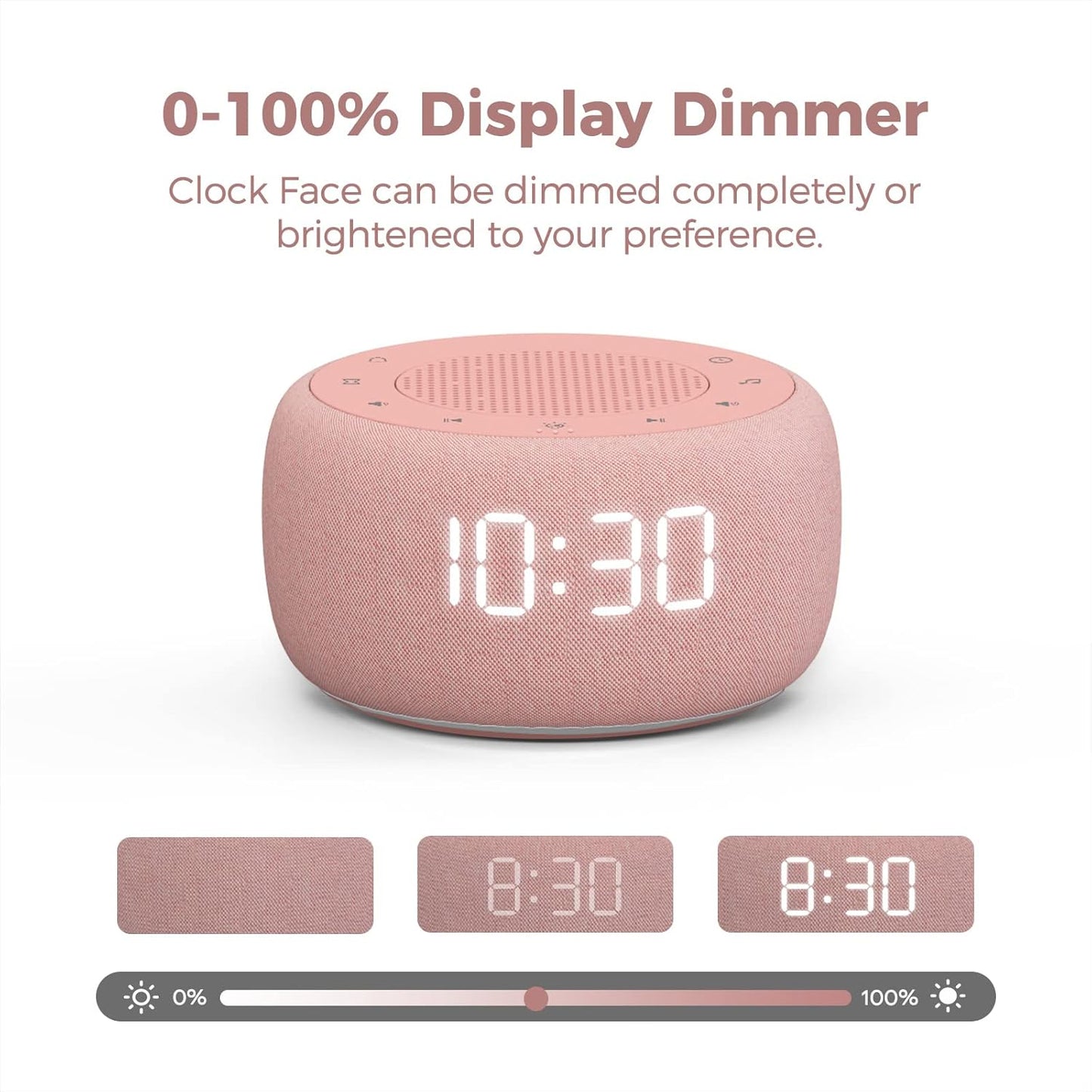 Buffbee Sound Machine & Alarm Clock 2-in-1-0-100% Display Dimmer, Under Light, Sleep Timer, Precise 30-Level Volume Control White Noise Machine