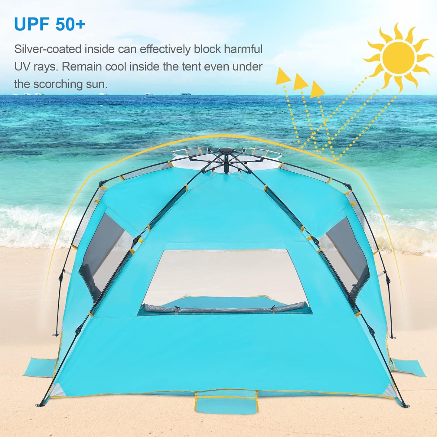 WolfWise 4-5 Person Easy Up Beach Tent UPF 50+ Portable Instant Sun Shelter Canopy Umbrella with Extended Zippered Porch, Blue