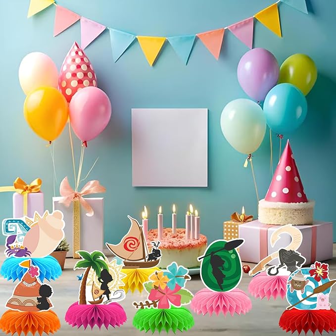 8Pcs Tropical Hawaiian Birthday Party Supplies, Tropical Luau Summer Honeycomb Centerpieces Cartoon Movie Theme 3D Table Decorations