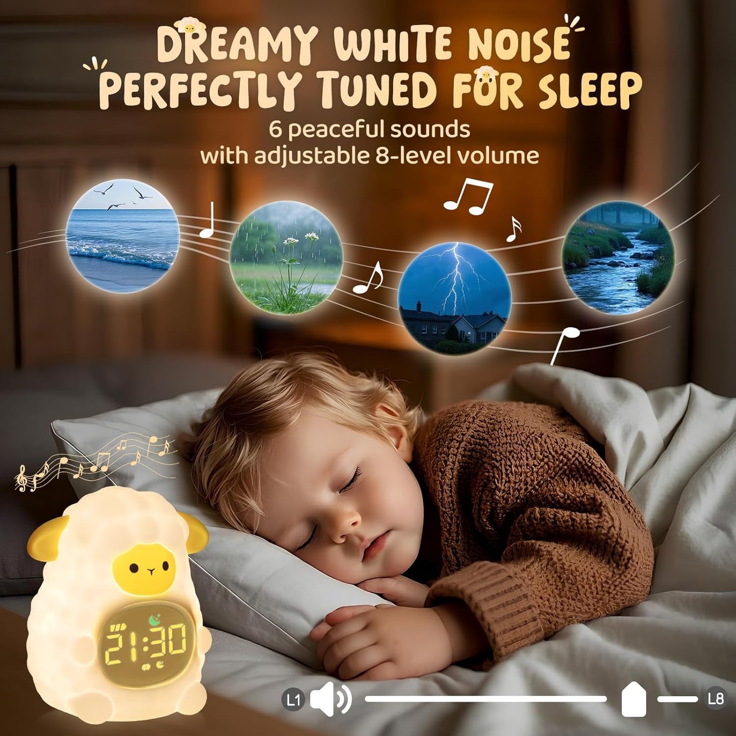Sheep Alarm Clock with Night Light for Kids with Sleep Training and Sound Machine, Rechargeable Silicone Lamp OK to Wake Clock，Cute Animal Tabletop Lamp, Perfect Sleep Companion for Boys Girls