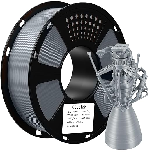 Geeetech PETG Filament 1.75mm, 1 KG (2.2lbs) Spool 3D Printer Filament, High-Toughness, ±0.02mm Accuracy, Neatly Wound & Moistureproof, Non-Clogging Non-Stringing, Fits Most FDM Printers, Gray