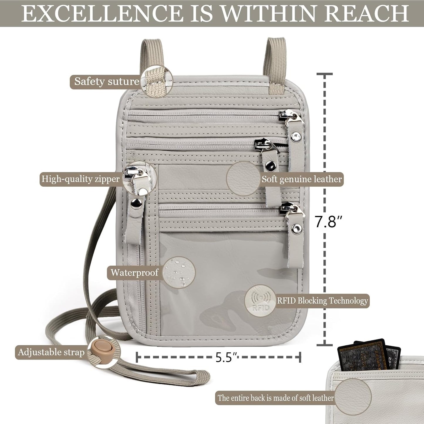 Neck Wallet - Rfid Wallet Women - passport holder for travel - Travel Wallet Passport Holder For Travel Women - 10.3x6.8inch (Silver White)