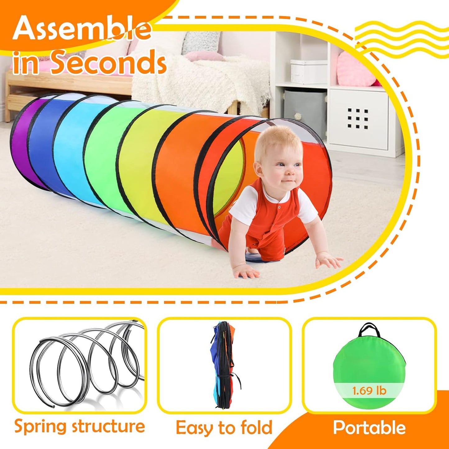 Moncoland Kids Play Tunnel Tent for Toddlers, Colorful Pop Up Crawl Toy Baby Children or Dog Cat with Breathable Mesh, Collapsible Gift Boy Girl Indoor Outdoor Games